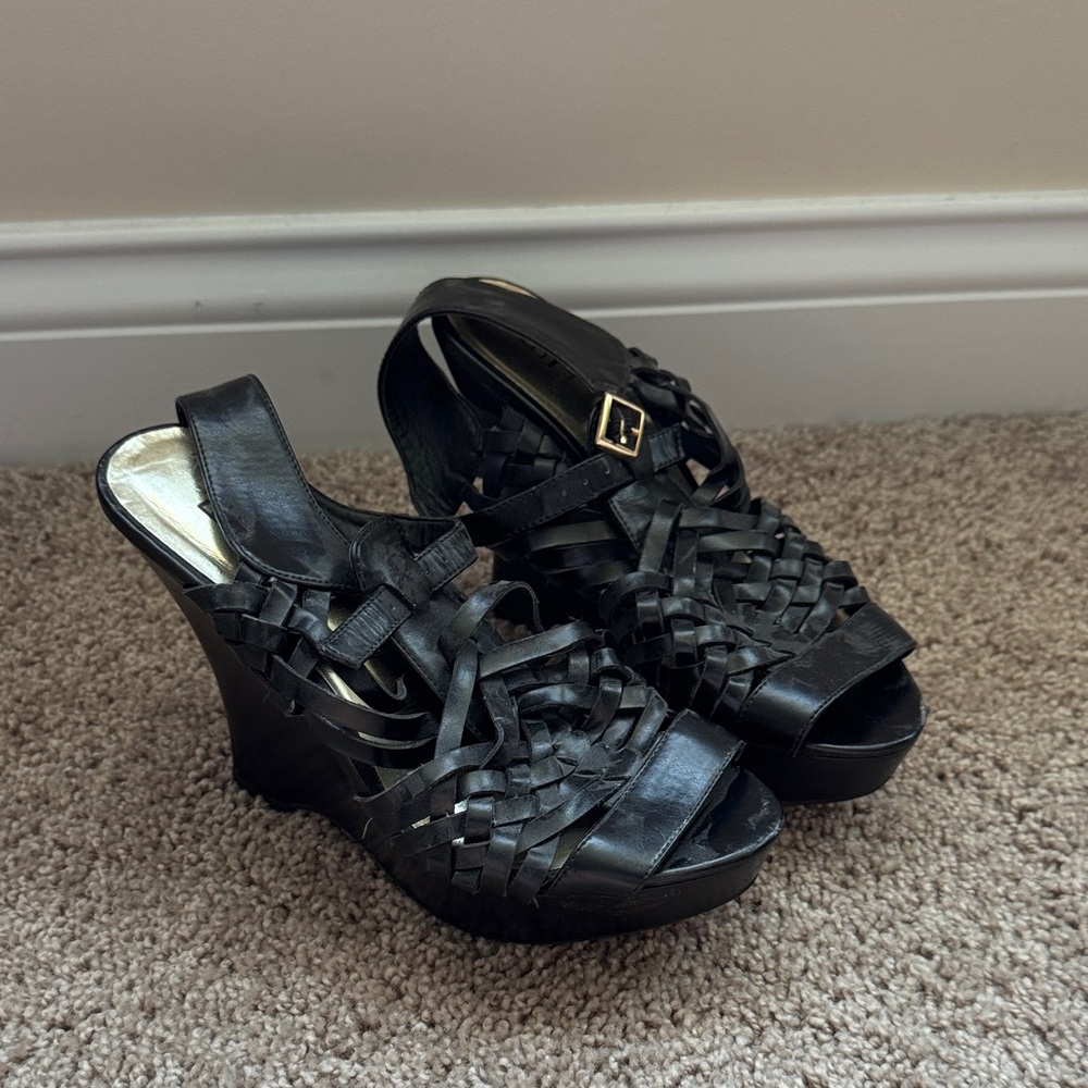 Bakers Black Woven Wedge Sandals